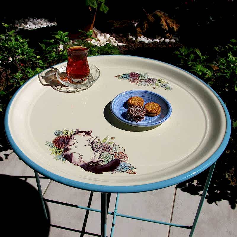 Emaye Sehpa Uykucu Kedi