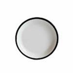 Otel ve restoran servisi için uygun siyah kenarlı 17 cm beyaz emaye tabak kuş bakışı görünümü.