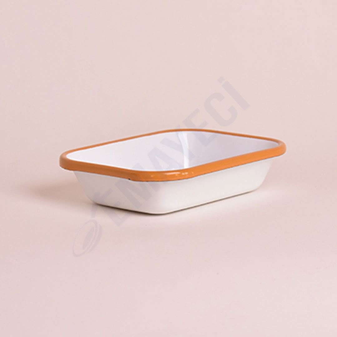 Emaye Dikdörtgen Meze Tabağı Beyaz Kordon Sarı