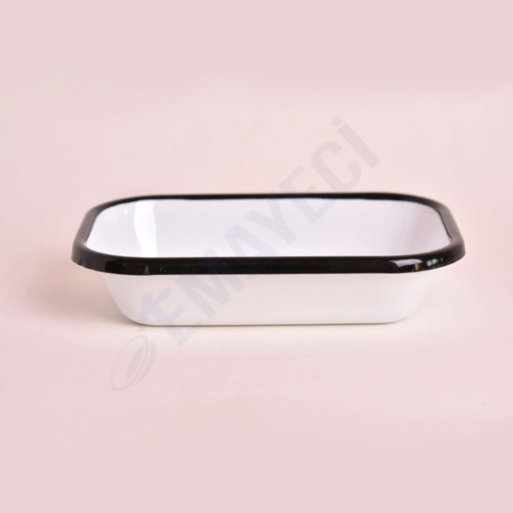 Emaye Dikdörtgen Meze Tabağı Beyaz Kordon Siyah