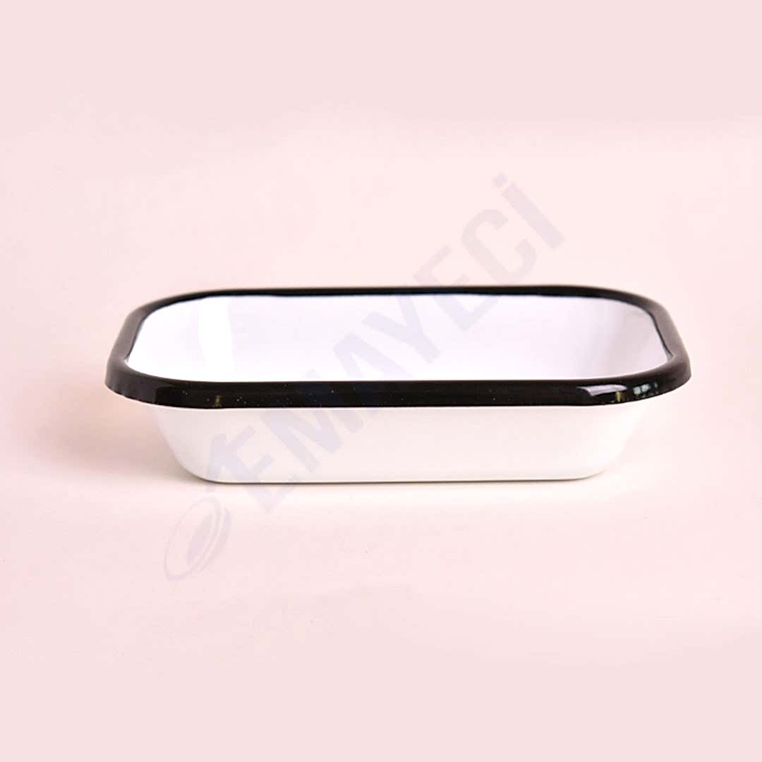 Emaye Dikdörtgen Meze Tabağı Beyaz Kordon Siyah