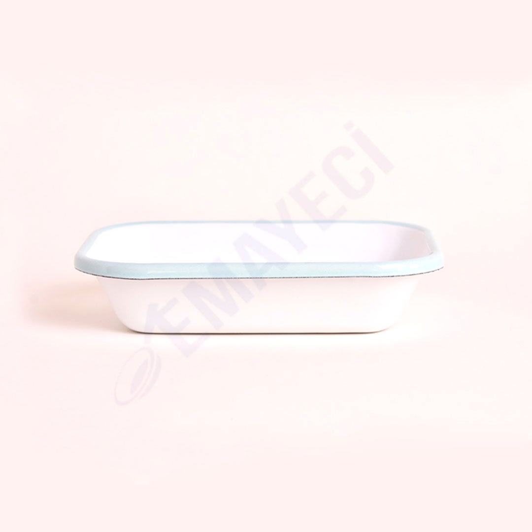 Emaye Dikdörtgen Meze Tabağı Beyaz Kordon Açık Mavi