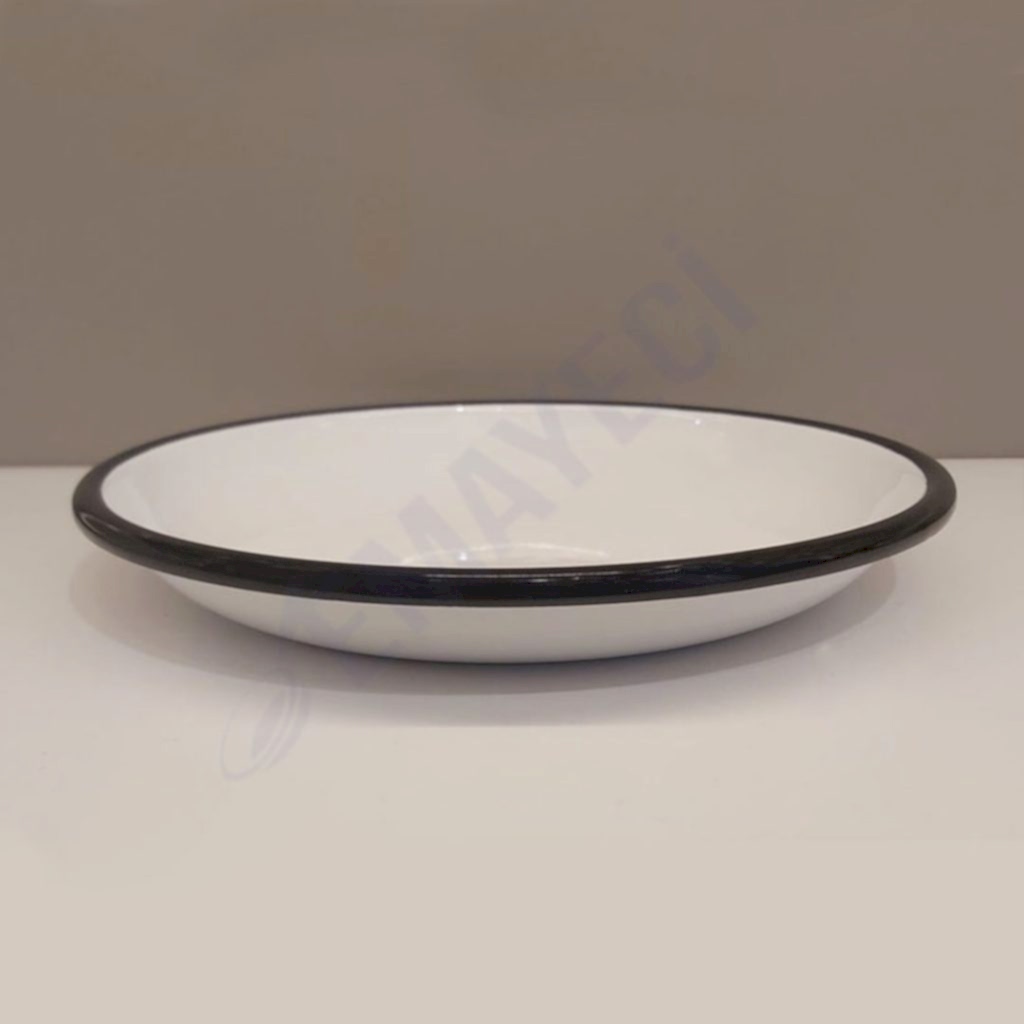 Emaye Derin Düz Servis Tabağı Beyaz Siyah