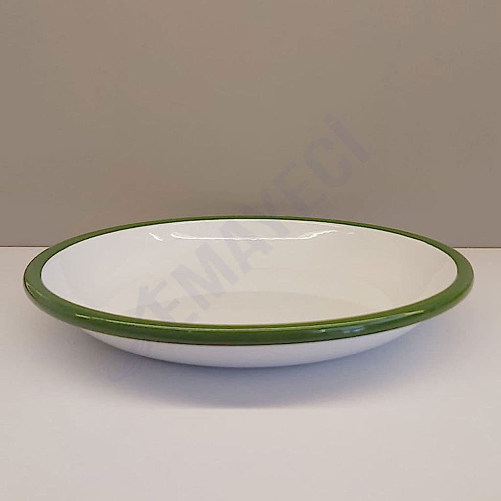 Emaye Derin Düz Servis Tabağı Beyaz Yeşil