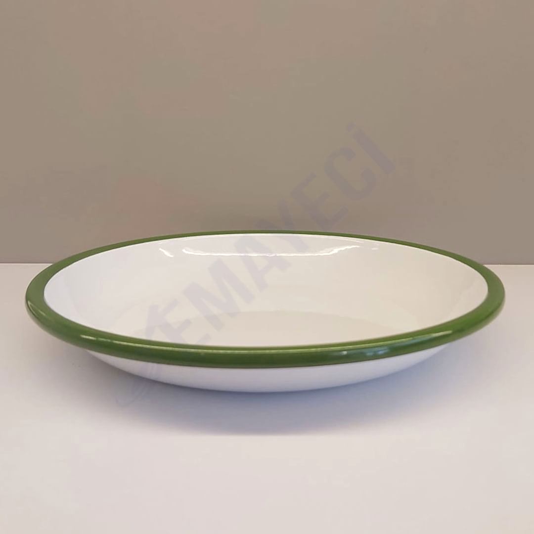 Emaye Derin Düz Servis Tabağı Beyaz Yeşil