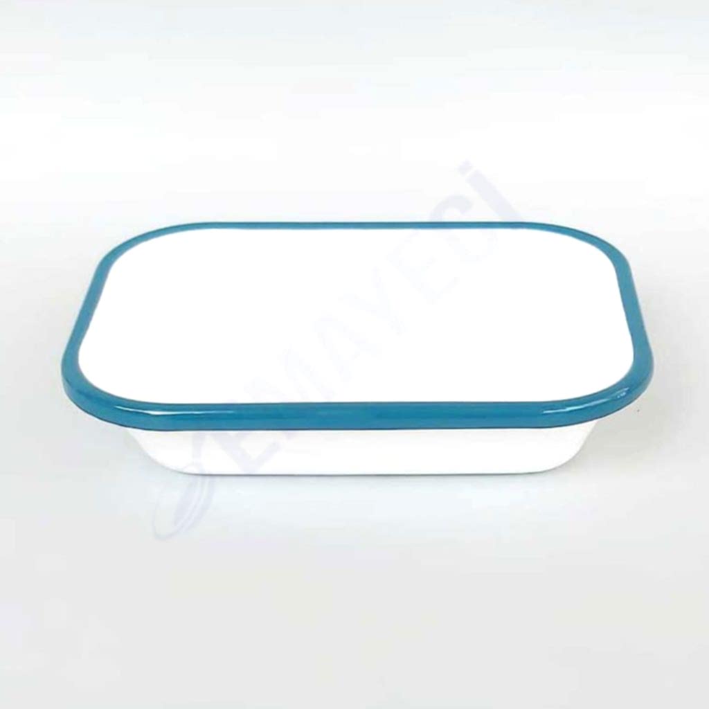 Emaye Dikdörtgen Meze Tabağı Beyaz Kordon Mavi