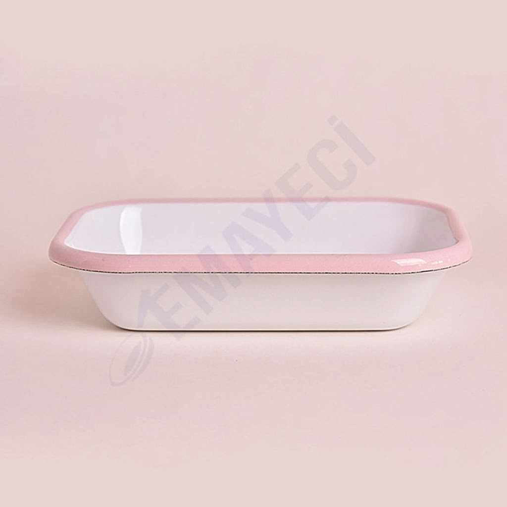 Emaye Dikdörtgen Meze Tabağı Beyaz Kordon Pembe