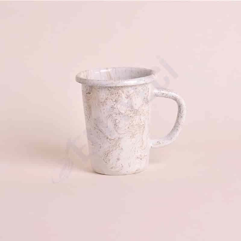 Emaye Kulplu Küçük Bardak Ebruli Desen Kahve Beyaz