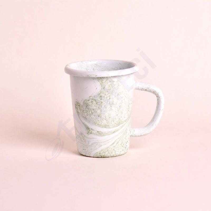 Emaye Kulplu Küçük Bardak Ebruli Desen Yeşil Beyaz