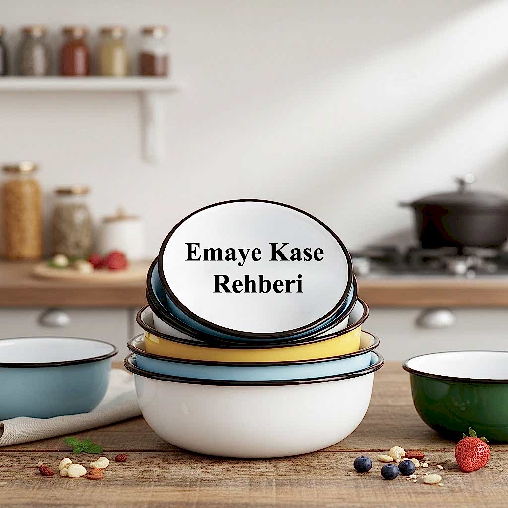 Mutfakta üst üste istiflenmiş farklı renk ve boyutlarda emaye kase modelleri ve emaye kase kullanım rehberi.